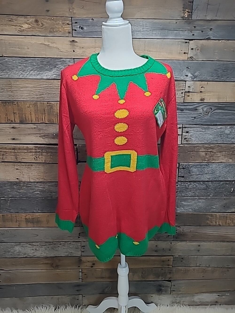New Christmas Elf Knit Sweater Dress Sz Large Red Green Fitted NWT "Ugly"